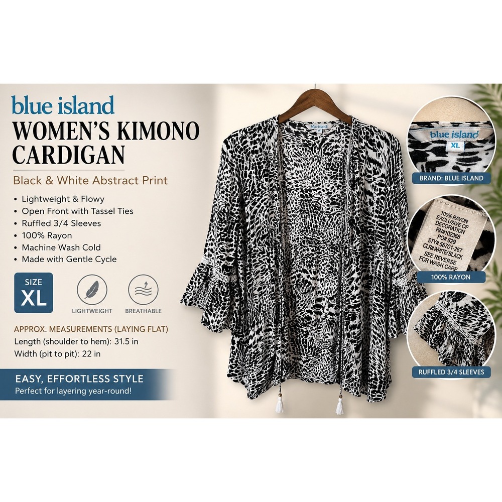 Blue Island Kimono Cardigan XL Black White Animal Print Bell Sleeve Ruffle Rayon